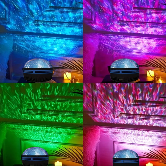 Luz noturna decorativa com efeitos de galáxia e ondas.
