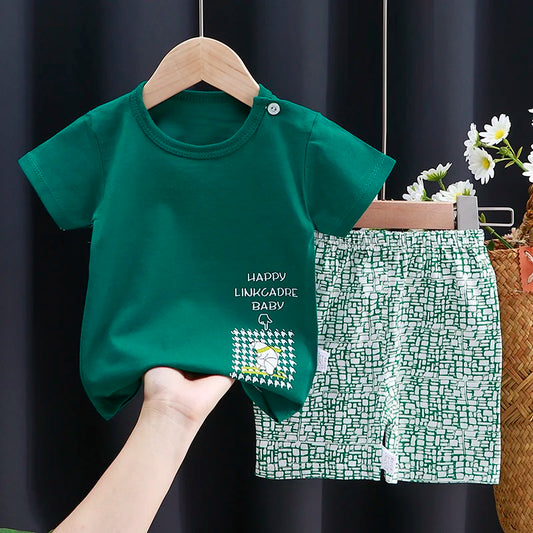 Conjunto infantil de algodão para verão, camiseta e shorts com estampa cartoon
