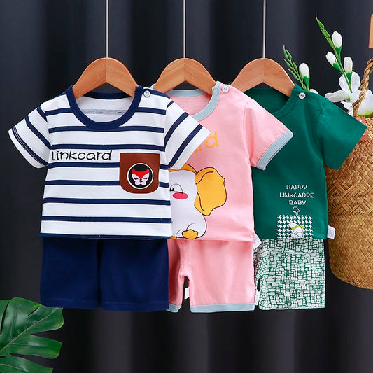 Conjunto infantil de algodão para verão, camiseta e shorts com estampa cartoon