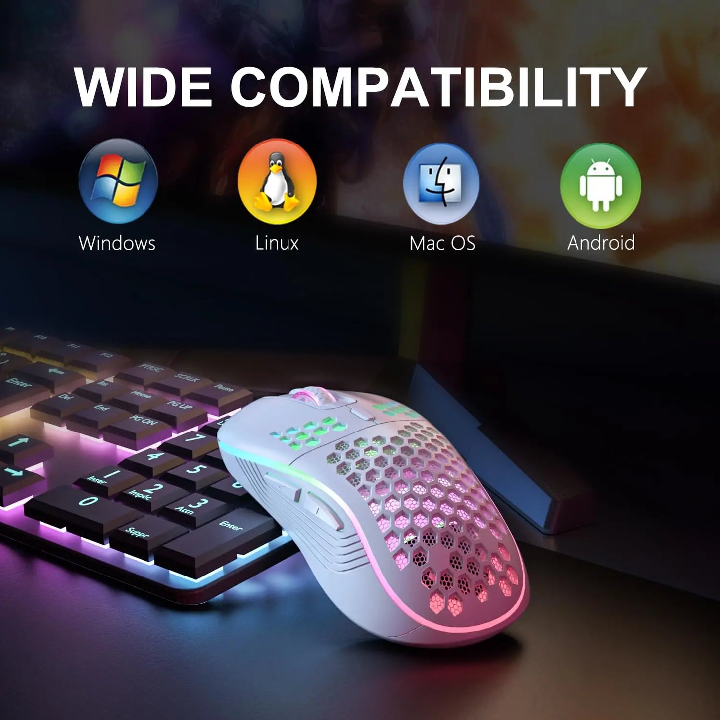 Mouse gamer sem fio RGB com DPI ajustável, design favo de mel e recarregável