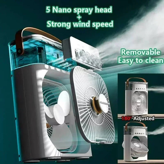 Ventilador Portátil 3 em 1: Ar Condicionado USB, Umidificador e Luz LED!