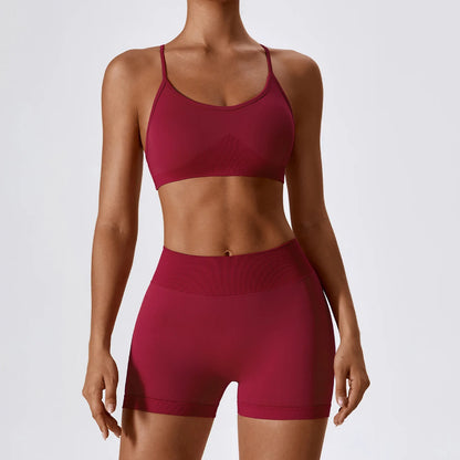 Conjunto fitness sem costura – top e shorts femininos.