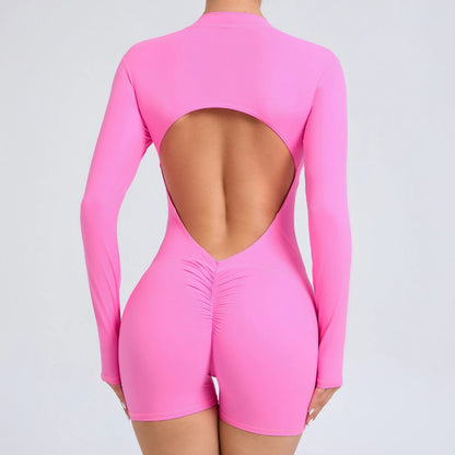 Macacão fitness feminino – costas em V e efeito push up.
