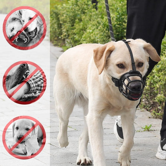Focinheira de silicone macia ajustável para cães pequenos, médios e grandes, anti-mordidas, ideal para Doberman e Bulldog.