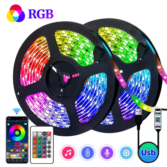 Fita LED RGB 5V – até 30m com sincronização musical.