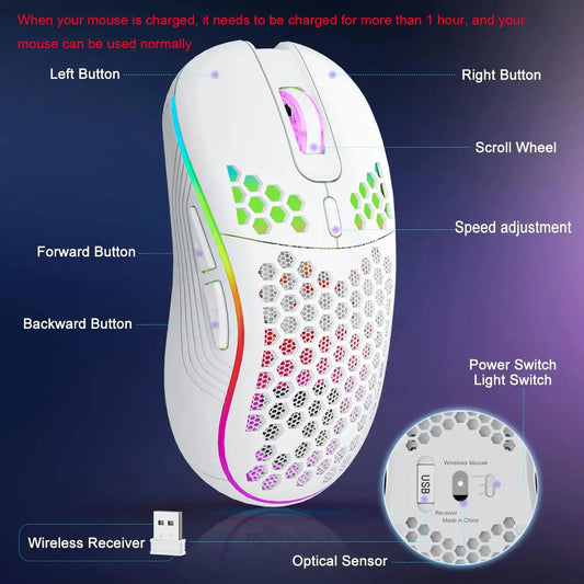 Mouse gamer sem fio RGB com DPI ajustável, design favo de mel e recarregável