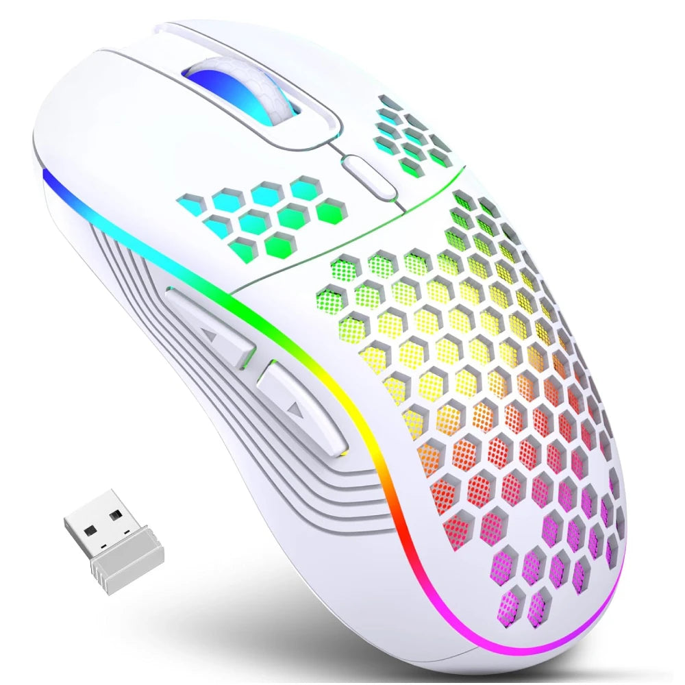 Mouse gamer sem fio RGB com DPI ajustável, design favo de mel e recarregável