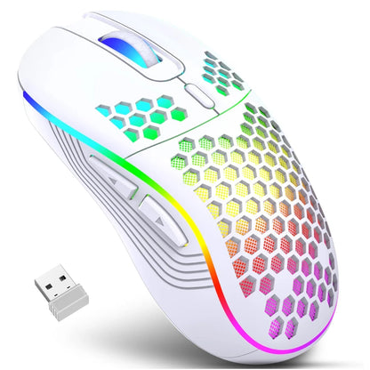 Mouse gamer sem fio RGB com DPI ajustável, design favo de mel e recarregável
