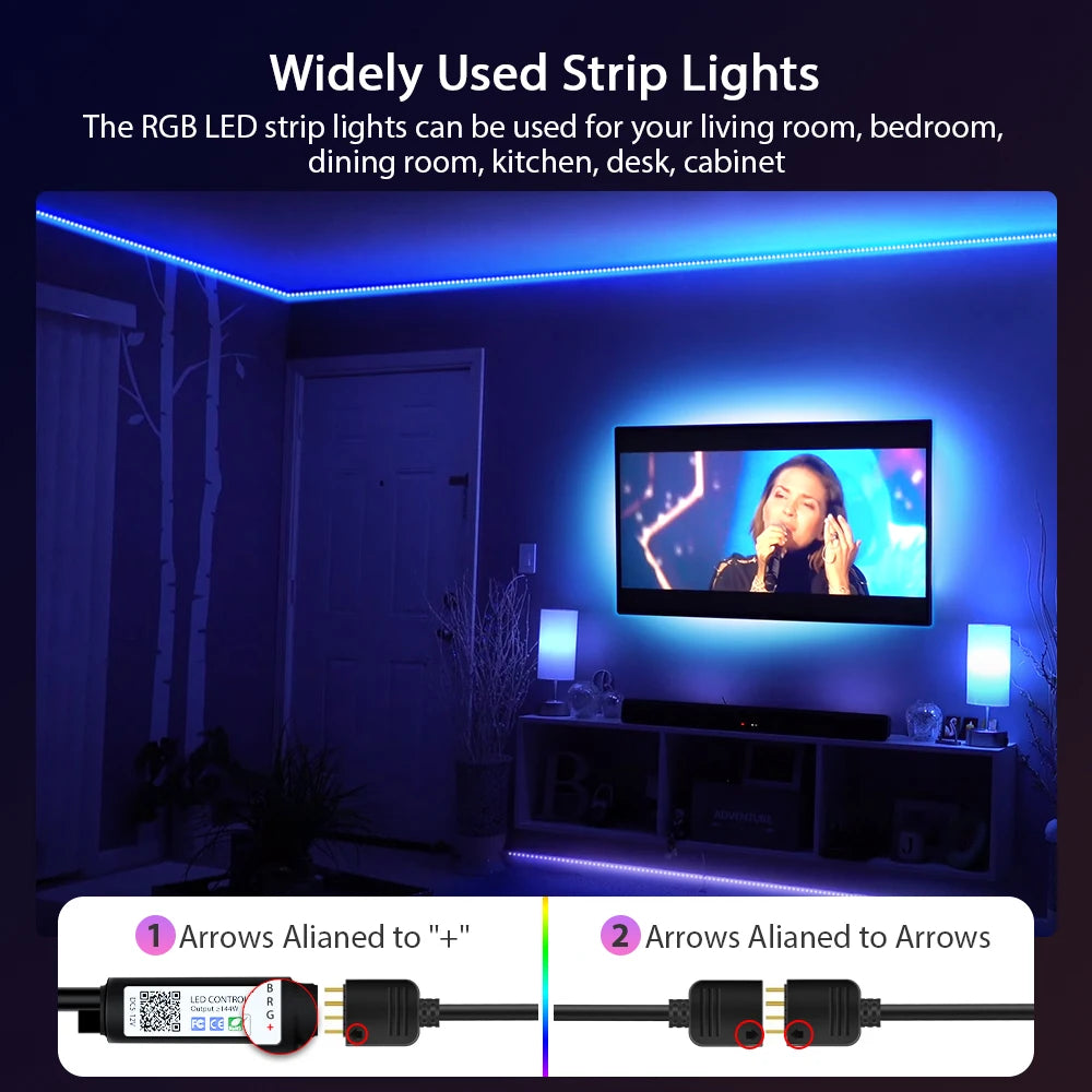 Fita LED RGB 5V – até 30m com sincronização musical.