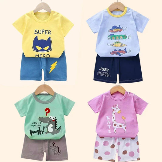 Conjunto Infantil 2PCS Verão, camiseta e shorts, algodão, manga curta, para meninos e meninas.