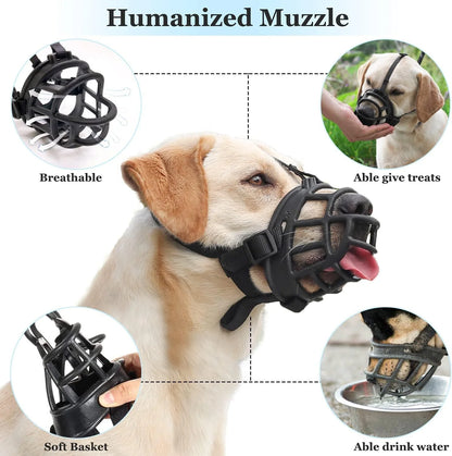Focinheira de silicone macia ajustável para cães pequenos, médios e grandes, anti-mordidas, ideal para Doberman e Bulldog.