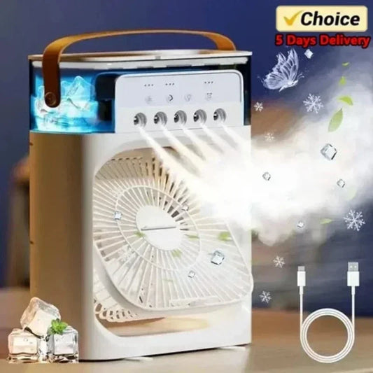 Ventilador Portátil 3 em 1: Ar Condicionado USB, Umidificador e Luz LED!
