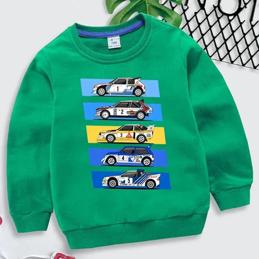 Moletom Rally Car para Meninos e Meninas, Estilo Streetwear, Cultura Automotiva e Desenho Animado.