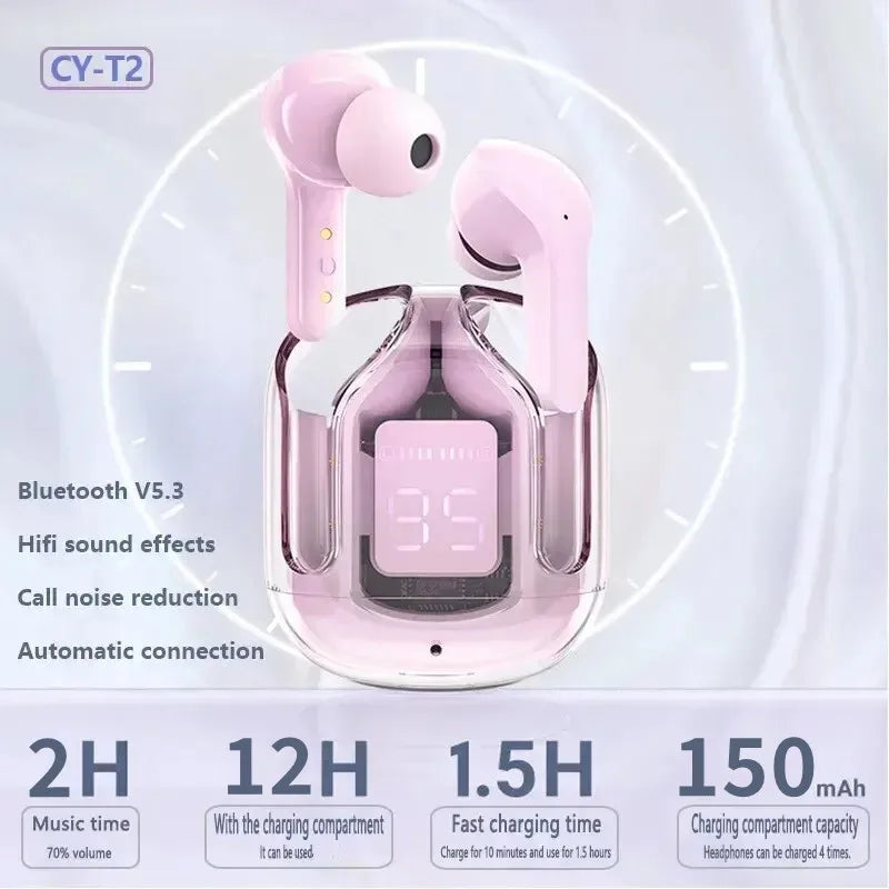 Fone de Ouvido Bluetooth T2 – Transparente, Hi-Fi e com Display LED