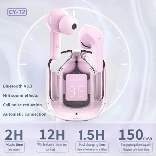 Fone de Ouvido Bluetooth T2 – Transparente, Hi-Fi e com Display LED