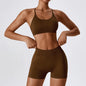 Conjunto fitness sem costura – top e shorts femininos.