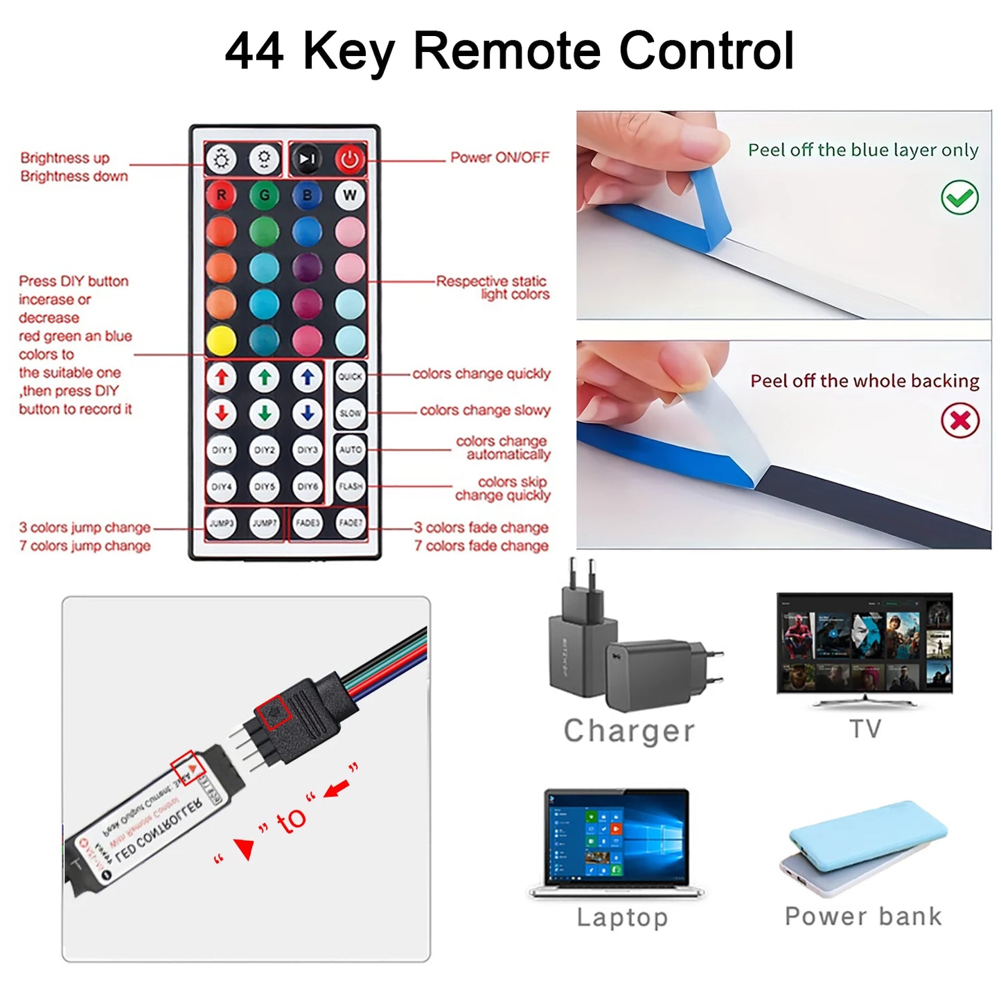 Fita de LED RGB 10m ou 20m com controle remoto para quarto, parede, festas e TV