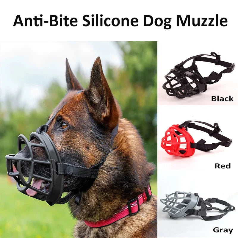 Focinheira de silicone macia ajustável para cães pequenos, médios e grandes, anti-mordidas, ideal para Doberman e Bulldog.