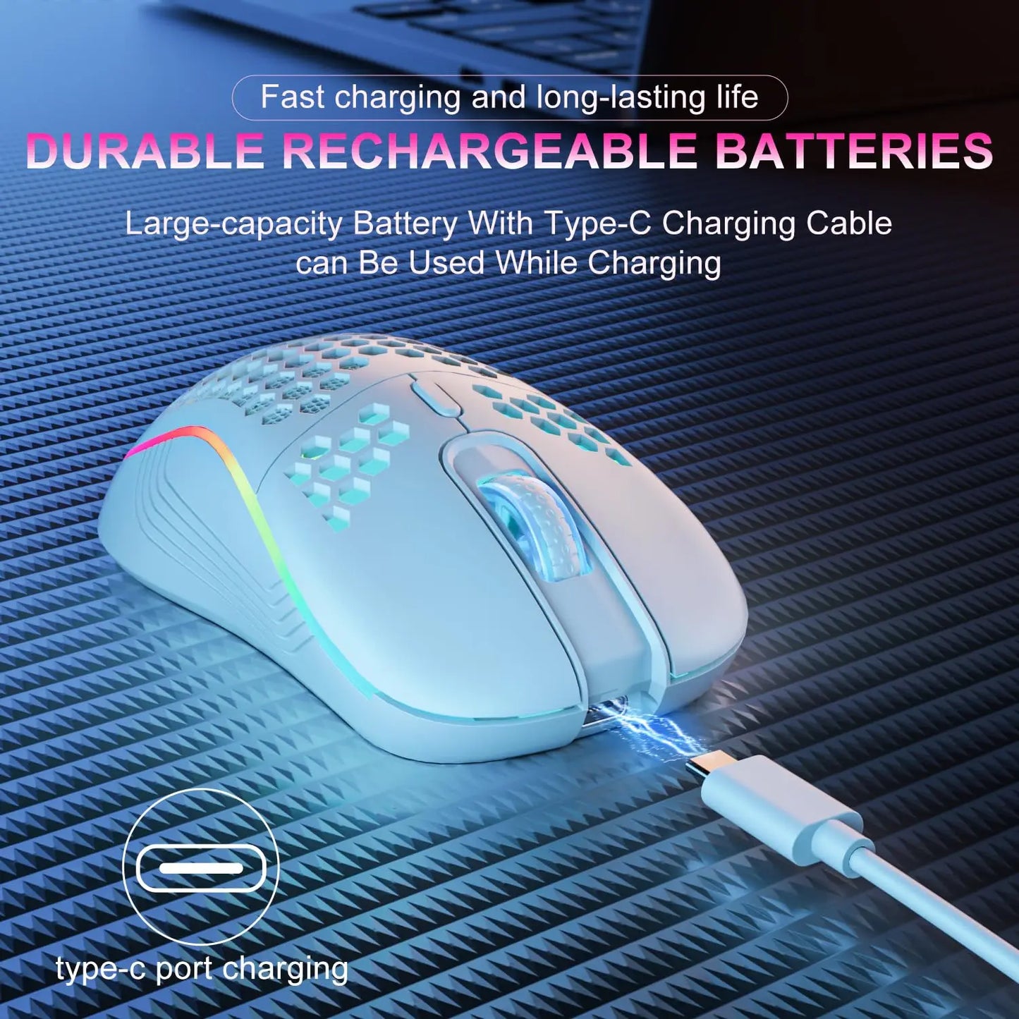 Mouse gamer sem fio RGB com DPI ajustável, design favo de mel e recarregável
