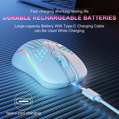 Mouse gamer sem fio RGB com DPI ajustável, design favo de mel e recarregável