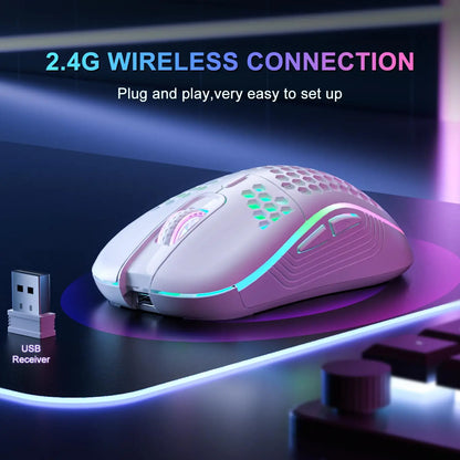 Mouse gamer sem fio RGB com DPI ajustável, design favo de mel e recarregável