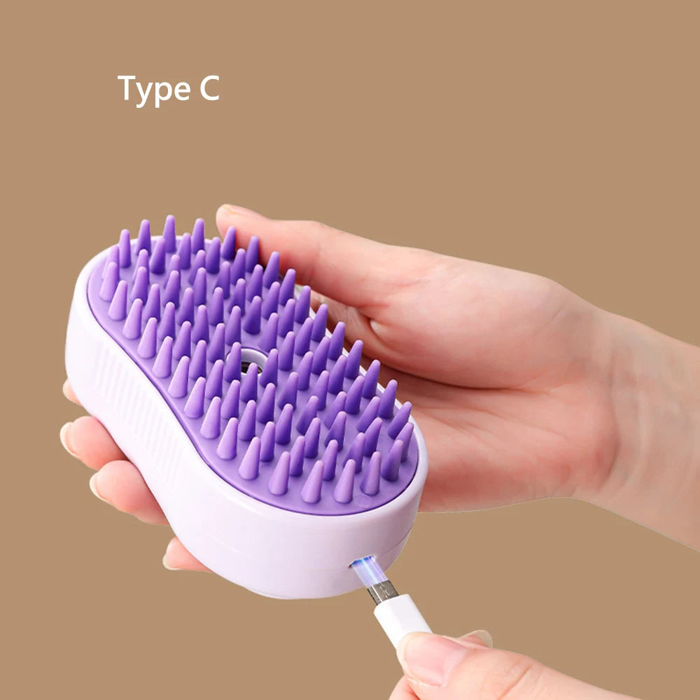 Escova Recarregável para Pets: Pente de Massagem e Limpeza a Vapor para Pelo Longo!