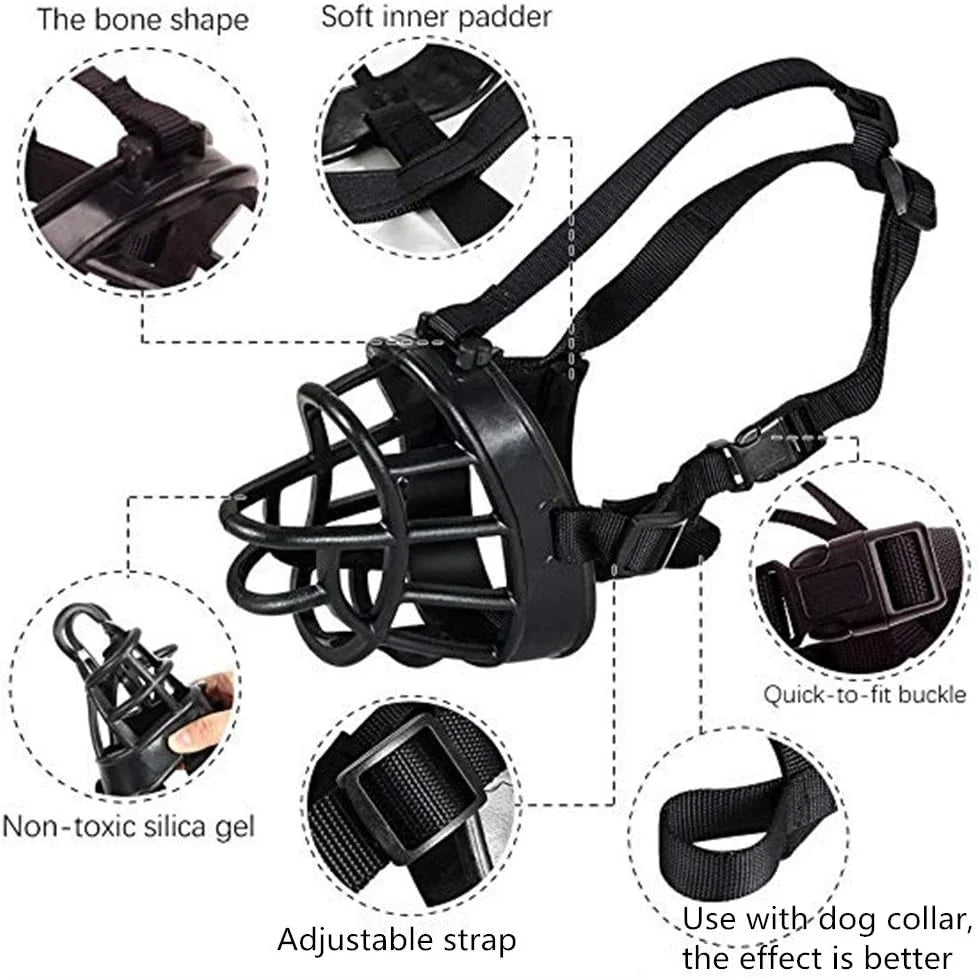 Focinheira de silicone macia ajustável para cães pequenos, médios e grandes, anti-mordidas, ideal para Doberman e Bulldog.