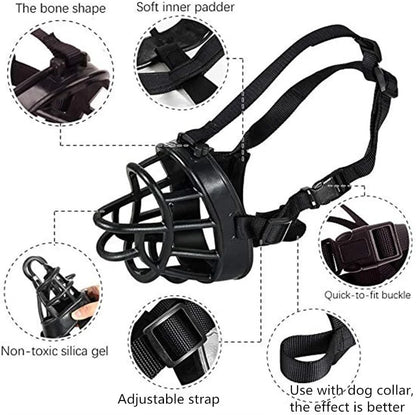 Focinheira de silicone macia ajustável para cães pequenos, médios e grandes, anti-mordidas, ideal para Doberman e Bulldog.