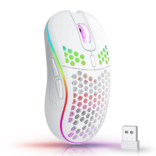 Mouse gamer sem fio RGB com DPI ajustável, design favo de mel e recarregável