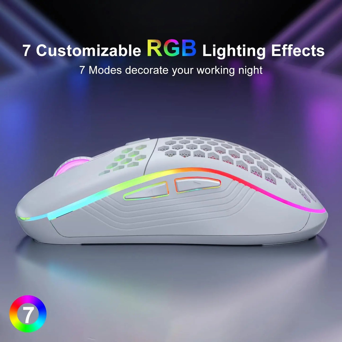 Mouse gamer sem fio RGB com DPI ajustável, design favo de mel e recarregável