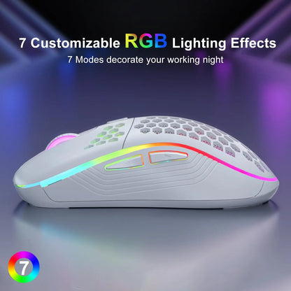Mouse gamer sem fio RGB com DPI ajustável, design favo de mel e recarregável