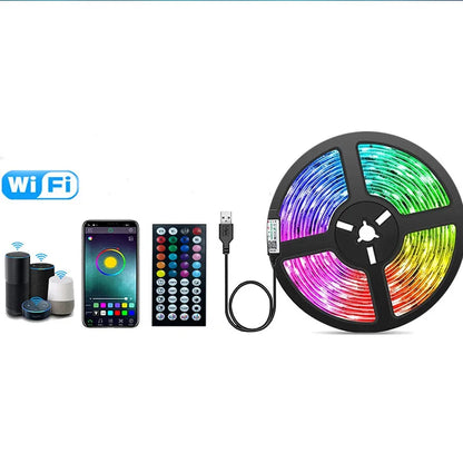 Fita LED RGB 5V – até 30m com sincronização musical.