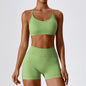 Conjunto fitness sem costura – top e shorts femininos.