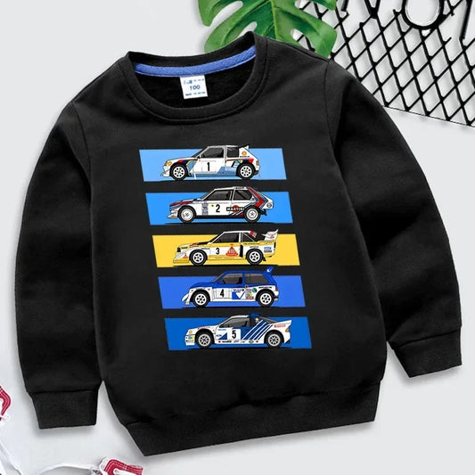Moletom Rally Car para Meninos e Meninas, Estilo Streetwear, Cultura Automotiva e Desenho Animado.