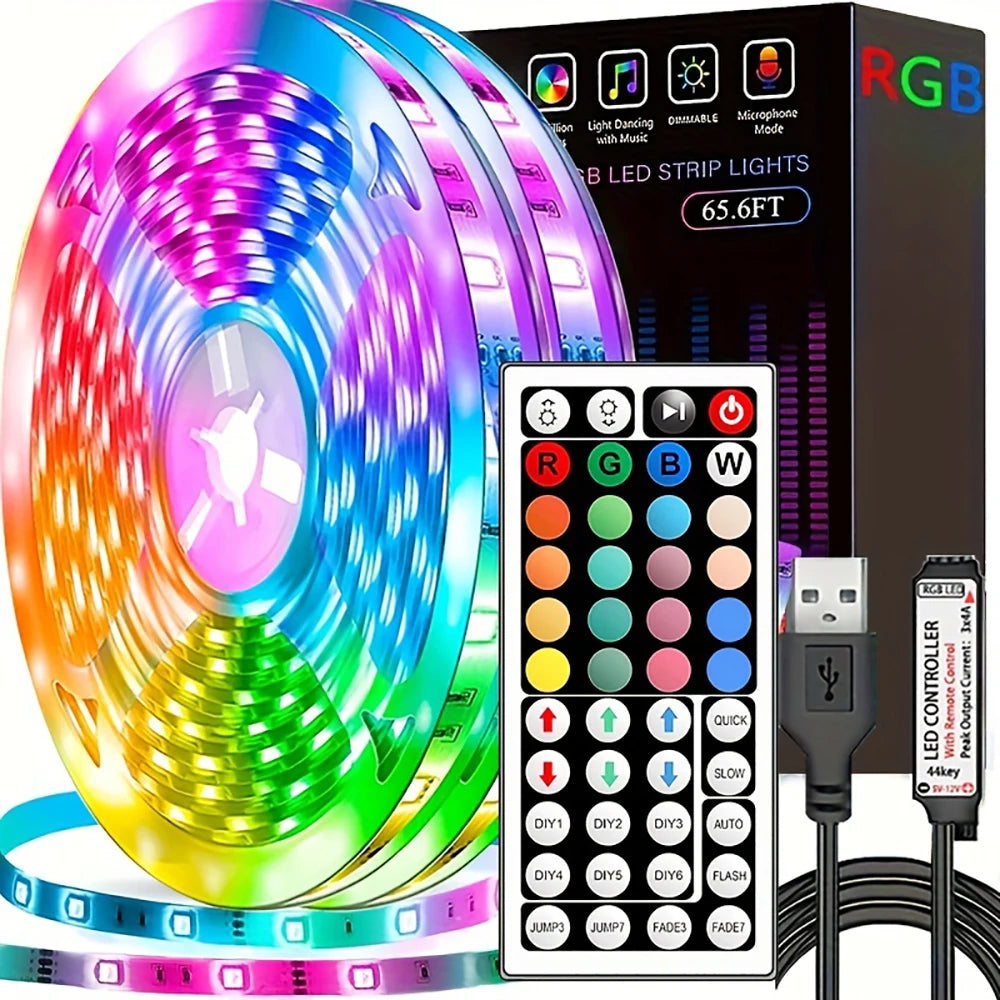 Fita de LED RGB 10m ou 20m com controle remoto para quarto, parede, festas e TV
