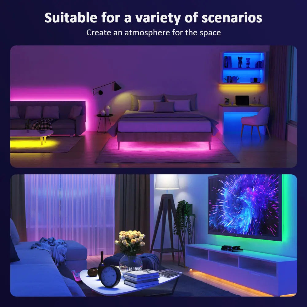 Fita LED RGB 5V – até 30m com sincronização musical.