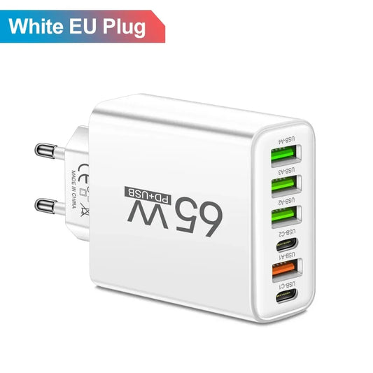 Carregador 65W USB C com 6 Portas – Rápido para iPhone e Android!