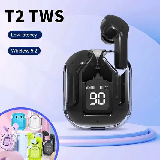 Fone de Ouvido Bluetooth T2 – Transparente, Hi-Fi e com Display LED