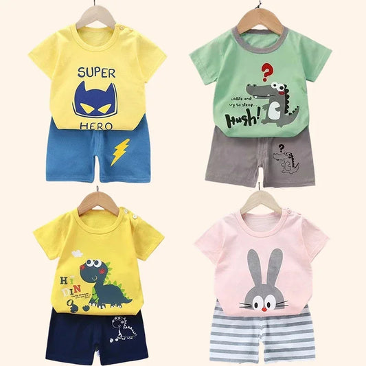 Conjunto Infantil 2PCS Verão, camiseta e shorts, algodão, manga curta, para meninos e meninas.