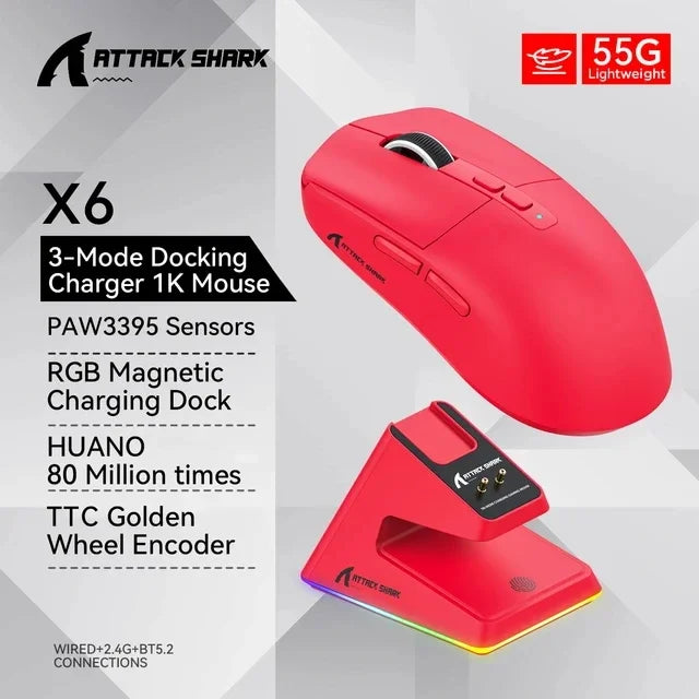Mouse Attack Shark X6 Tri-Mode RGB com Carregamento Magnético!