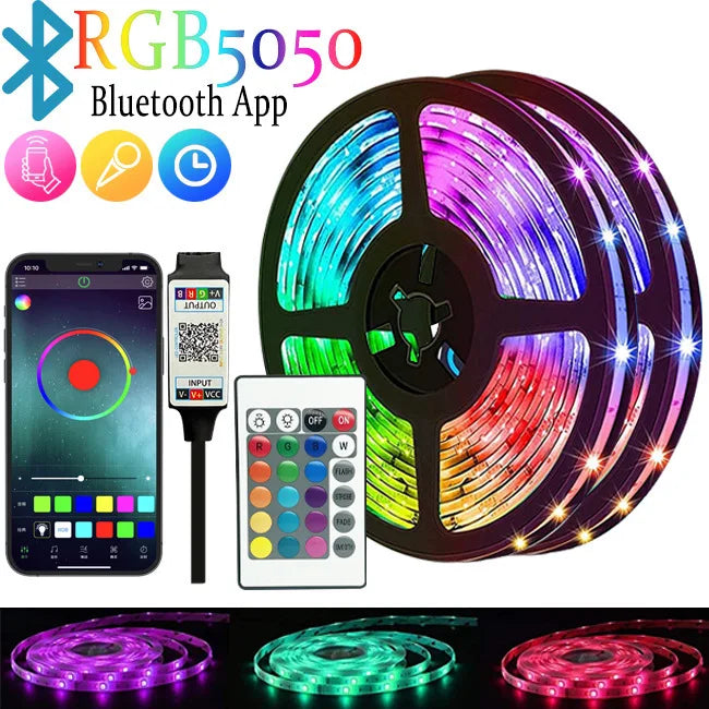 Fita LED RGB 5V – até 30m com sincronização musical.